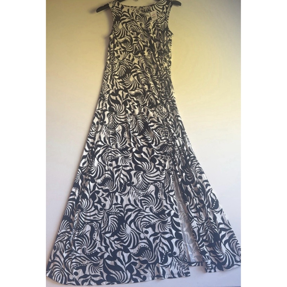 LOFT Geometric Tie Front Slit Maxi Dress Black White Sleeveless Size 10 NWT